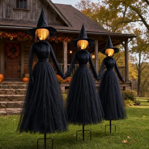 TW SHINE Halloween Witch Decorations Outdoor, 6 FT Set of 3 Holding Hands Witches Stakes with Glowing Face, Lighted Halloween Decor for Party Yard Lawn Porch Garden Haunted House Props by TWSHINE