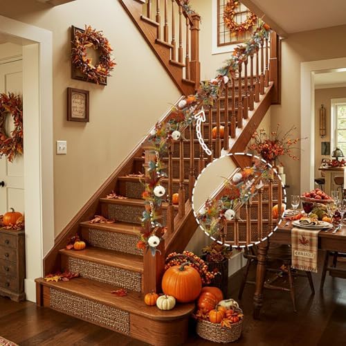 Jutom 12 ft Thanksgiving Garland for Mantle, Fall Wreath with Pumpkin Eucalyptus Leaves Maples Berry Autumn Garland Decorations for Home Porch Fireplace Table Centerpiece Outdoor Decor - Image 4