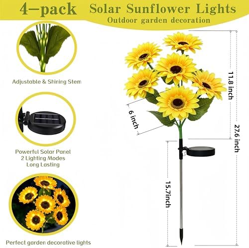 Solar Garden Lights Outdoor, 4 Pack Solar Sunflower Lights with 24 Sunflower, Waterproof Long-Lasting Outdoor Solar Patio Decor Suitable for Yard, Lawn, Pathway, and Backyard Decoration - Image 3