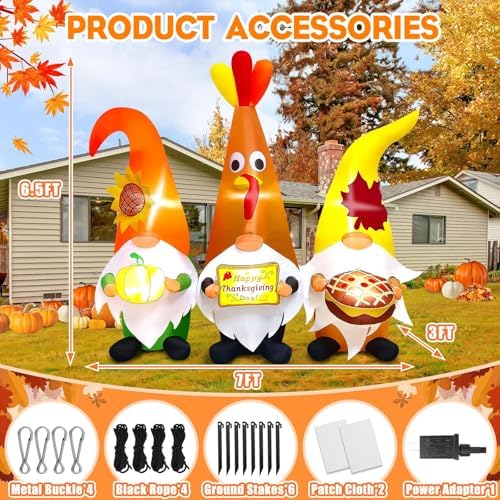 7FT Thanksgiving Day Inflatable with LED Light, Kalolary Thanksgiving Three Gnome Inflatable Fall Harvest Outdoor Decoration Thanksgiving Yard Blow up Inflatable for Lawn Home Holiday Autumn Party - Image 2