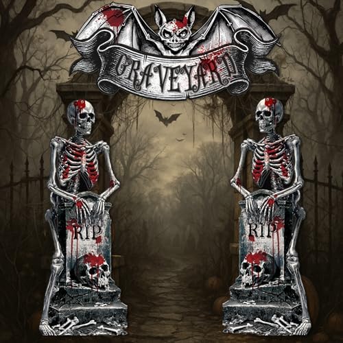 Tiamon Halloween Cemetery Door Decorations Skeleton Tombstones Door Banner - Image 4