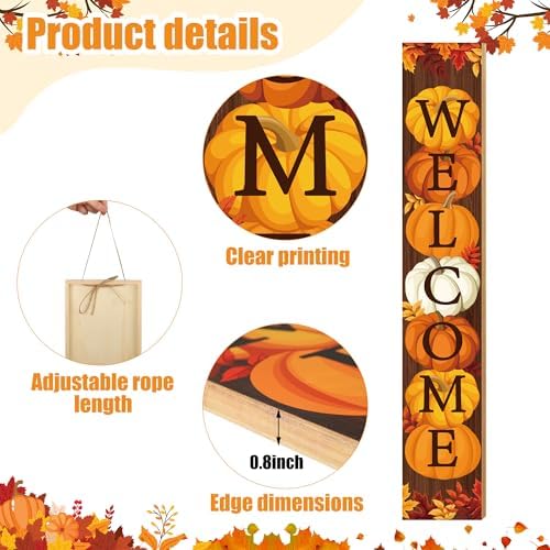 47" Fall Wooden Porch Sign Vertical Fall Welcome Standing Signs Pumpkin Leaves Standing Welcome Porch Sign for Outdoor Autumn Thanksgiving Harvest Home Garden Yard Farmhouse Front Door Decor - Image 3