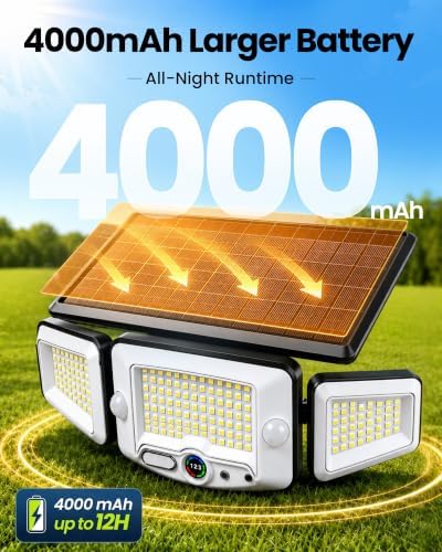 4000mAh Solar Motion Lights Outdoor with Octopus Mount, 2500LM 270° 3-Head Adjustable Solar Flood Lights with Digital Display & Remote, Dual PIR Sensor Security Lights for Fence Yard Patio Gazebo（1） - Image 4