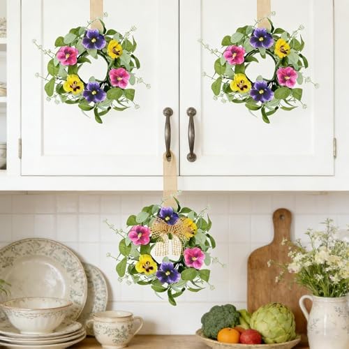 6 PCS Summer Floral Wreaths for Kitchen Cabinet Artificial Pansy Flowers Wreaths with Fern Branches Flocked Lamb Ear Leaves Mini Wreath Spring Floral Small Wreath for Table Centerpiece Farmhouse Decor - Image 2