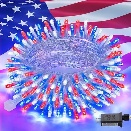 JMEXSUSS Red White and Blue Lights, 200 LED 4th of July Lights Plug in by JMEXSUSS