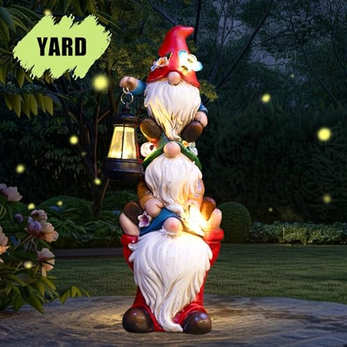 twinbling 12 in Garden Gnome Statue with Solar Lights Birthday Gift for Mom Woman Grandma Garden Sculptures Funny Triple Gnome Outdoor Patio Lawn Yard Balcony Home Decor - Image 6