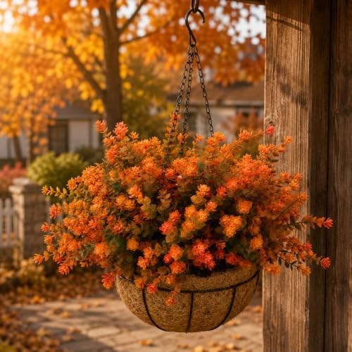 Artificial Hanging Flowers Basket, 12 UV-Resistant Bundles of Realistic Fake Flowers, Faux Plants for Outdoor Decor, Home, Garden, Porch, Patio, Spring & Summer Decorations, Orange-Green by BCBLF