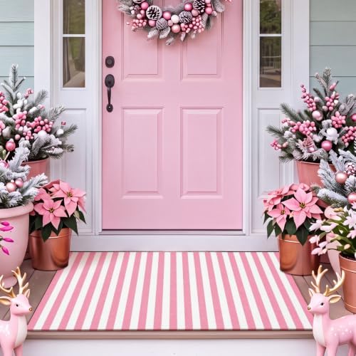 Moucuny Christmas Pink and White Vertical Stripe Outdoor Rug 2' X 3'Doormat by Moucuny