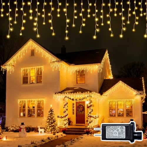 Christmas Outdoor Icicle Lights - 200 LED 21+16 FT 8 Modes Curtain Fairy String Light Plug in, Waterproof for Eaves Yard Holiday Xmas Holiday Indoor Outdoor Decoration - Warm White by Unknown