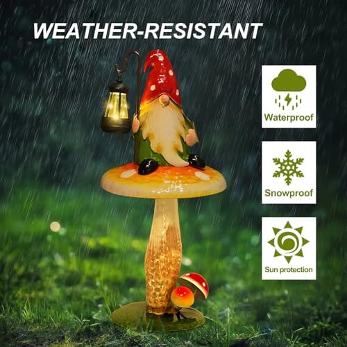 HONGLAND Solar Garden Gnomes Outdoor Statue, Waterproof Outdoor Mushroom Decor with Solar Lantern LED Lights for Yard, Patio, Lawn Ornaments, Ideal Gifts for Mom Grandm, Housewarming Gifts-16.5" - Image 6