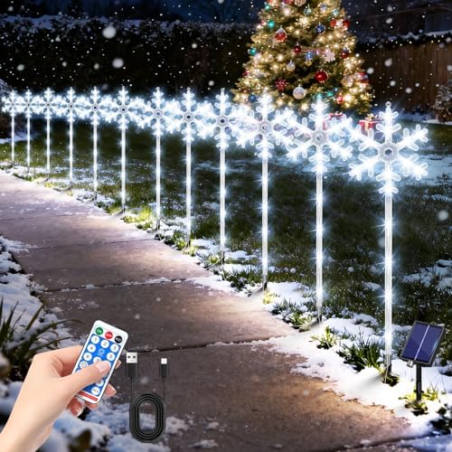 Solar Lights Outdoor Christmas Decorations 12 Pack - 192 LEDs Solar Christmas Snowflake Pathway Lights Outdoor with Remote & 8 Lighting Modes, Waterproof Xmas Lights for Garden Yard, Cool White by AOUNQ
