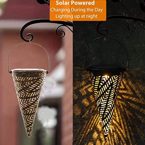Outdoor Decorative Solar Hanging Lights with Delicate Hollow Conical Lantern Design - Set of 3 Chandelier for Patio, Tree, Garden, Yard, Porch, Backyard Pathway and Christmas Decoration. - Image 5