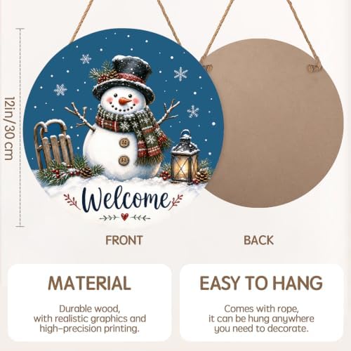 Winter Welcome Sign for Front Door Decor Christmas Snowman Snowflake Round Outdoor Hanging Wooden Door Sign for Porch Blue Xmas Holiday Wreath Hanger Sign for Outside Indoor Wall Decoration 12"X12" - Image 2