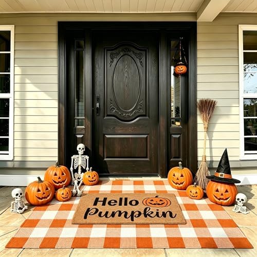 Fall Decor Halloween Layered Front Doormat Set, Hello Natural Coco Coir Door Mat + 3'x5' Orange White Buffalo Plaid Rug, Non-Slip Porch Rug Outdoor Entryway Decor for Front Porch, Patio by MUBIN