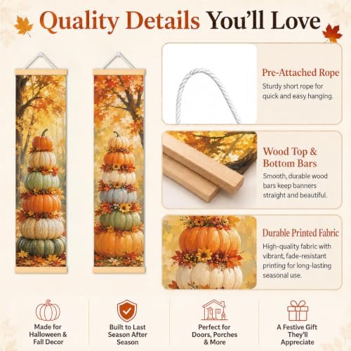 Autumn Pumpkin Door Banner Set of 2, Fall Porch Wall Hanging Decor for Home - Image 3