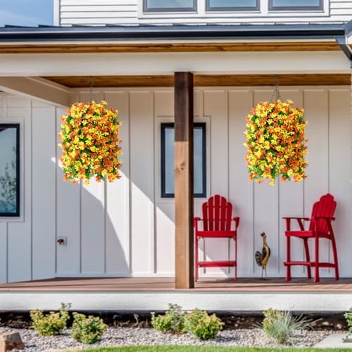 INQCMY Artificial Hanging Flowers Decoration, 4pcs Fake Floral Basket Plants for Outdoor Porch, Faux Shrubs Home Spring Decor UV Resistant Potted Violets for Outside Garden No Fade - Image 6