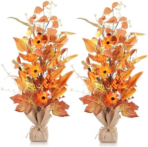 YLOLUL 2 Pcs 22 Inch Artificial Fall Tree Tabletop Decorations, Fake Berry Maple Leaf Thanksgiving Centerpieces for Table, Autumn Harvest Wedding Holiday Party Home Fireplace Mantle Decor by Unknown
