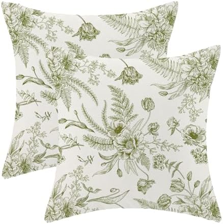CXMEIFLY Sage Green Floral Leaves Chinoiserie Decorative Throw Pillow Covers Set of 2, 18x18 Inch, Perfect for Living Room, Bedroom, Outdoor Gardens by CXMEIFLY
