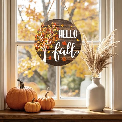 Hello Fall Wreath for Front Door Fall Tree Welcome Door Sign 12x12 Inch Autumn Maple Leaves Wood Door Hanger Farmhouse Thanksgiving Hanging Plaque for Home Porch Wall Indoor Outdoor Decorations - Image 5