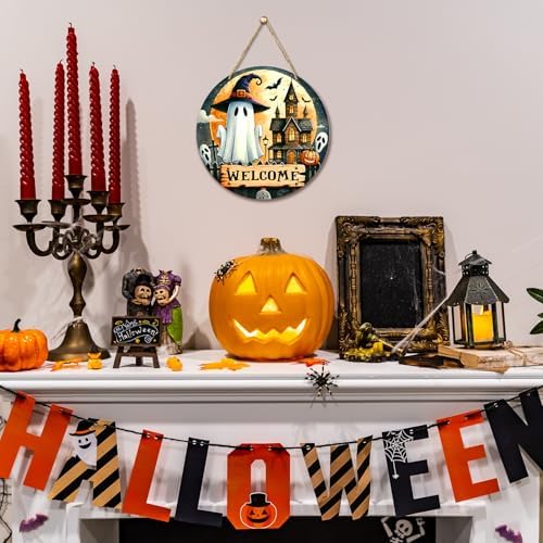 Ghost Decor Halloween Welcome Sign for Front Door Porch, Haunted House Home Door Wall Decor, Farmhouse Autumn Party Outdoor October Halloween Decorations Gifts -04 - Image 4