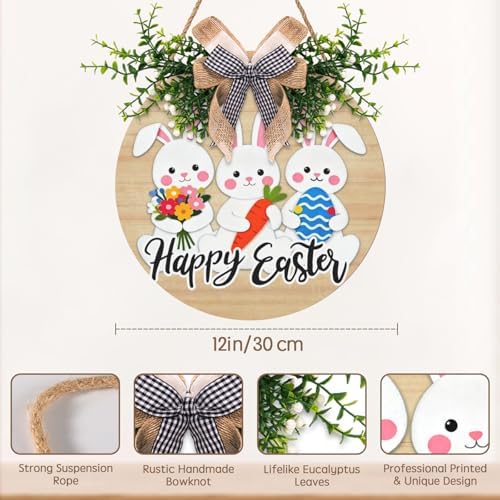 Easter Bunny Door Wreath for Outdoor Decorations Happy Easter Rabbit Door Sign with Bow Wooden Hanging Porch Signs for Holiday Home Wall Decor - Image 4