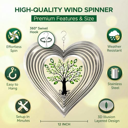 ISEO Silver Heart Wind Spinner with Glass Crystals Outdoor, 12 Inch Tree of Life Hanging Garden Decor, Gift for Women Mom Grandma - Image 3