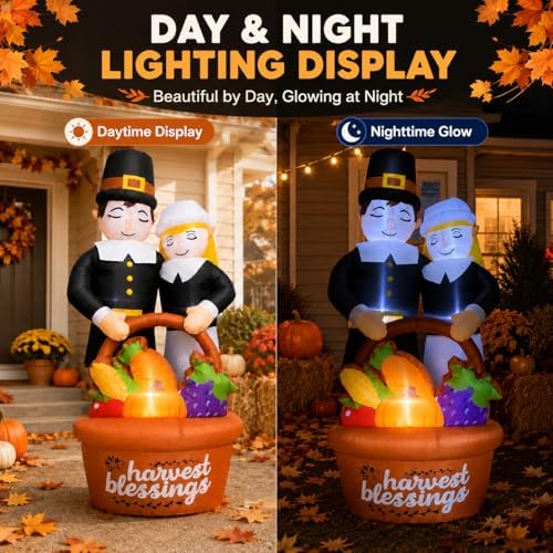 6FT Fall Thanksgiving Inflatable Pilgrim Couple with Harvest Basket Decor - Image 4