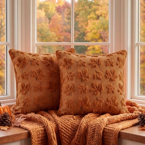 Fall Throw Pillow Covers 20x20 Set of 2 Rust Orange Plush Maple Leaf - Image 6