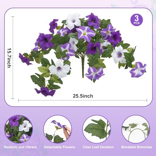 Ouddy Decor 3 Pcs Artificial Silk Petunias Flowers for Outdoors, Purple - Image 2