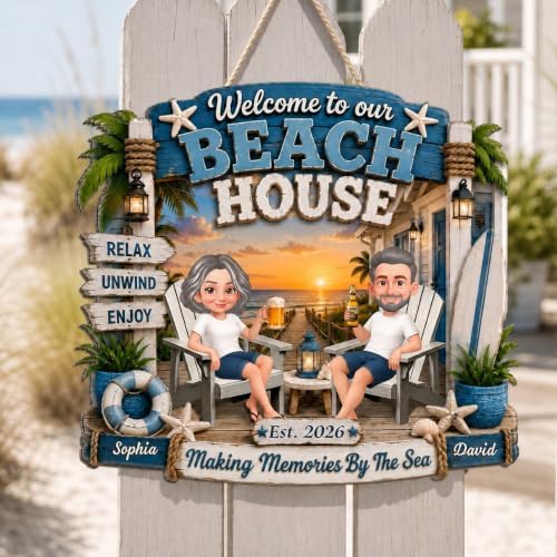 Personalized Welcome To Our Beach House Wood Sign, Making Memories By The Sea Sign, Gift For Couple, Husband, Wife, Summer Porch, Patio, Bar Decoration - Image 3