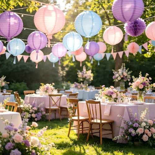 ZOOYOO 10Pcs Paper Lanterns,Pink Purple Blue Round Hanging Tissue Paper Lanterns Decorations for Birthday,Wedding,Baby Shower,Theme Party Garden Home Decor - Image 3