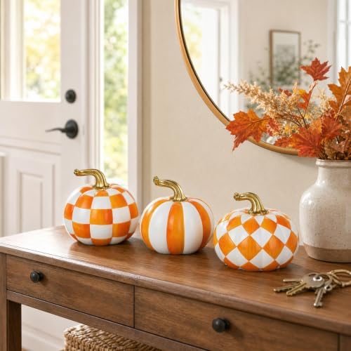 Briful 3-Piece White and Orange Resin Pumpkin Set for Fall Decor - Image 4