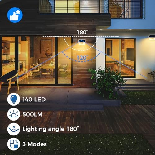 Peasur Solar Lights Outdoor Motion Sensor Waterproof, 8Pack 140LED White Solar Powered Fence Lights, 3 Modes Security Wall Lights for Garden Yard Outside Warm - Image 6