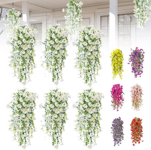 Artificial Flowers for Outdoors Fake Morning Glory Hanging Flower Decoration, 6 Pcs Realistic Faux Plants Petunias Trailing Vines, Spring Summer Decor for Porch Patio Balcony Planter Yard(White) by BloomwithJoy