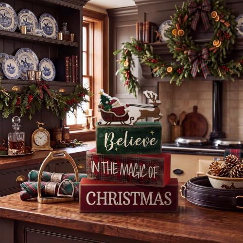 Moucuny 4 Pcs Christmas Table Decoration Plaid Santa Sleigh Stacked Wooden Sign Decor Rustic Christmas Tiered Tray Decor Santa Claus Elk Block Sign Gift Farmhouse Xmas Centerpiece for Home Kitchen - Image 4