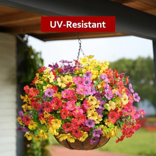 2 Set Artificial Flowers Faux Hanging Plants Basket for Spring Summer Outdoor Outside Decoration, Fake Silk UV Sun Resistant Daisy Eucalyptus for Porch Home Patio Balcony Yard Decor - Image 2