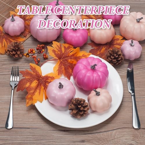 Pumpkin Decor Set, 22 PCS Fall Harvest Decorations - Pink Artificial Pumpkins for Baby Shower Bridal Shower Wedding Farmhouse Tiered Tray Bowl Filler Wreath Thanksgiving Halloween - Image 5
