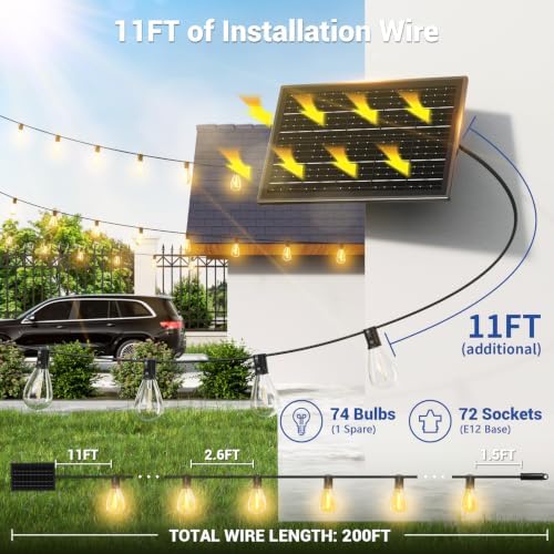 200FT Solar String Lights Outdoor Waterproof, 72+2 LED Solar Powered Lights with Remote Control, 3 Light Modes & Dimmable, USB-C Charging for Patio, Backyard, Garden, Camping - Image 6