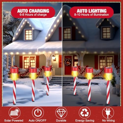 Honoson 6 Pcs Christmas Solar Pathway Lights Outdoor - Candy Cane Xmas Decorative IP65 Waterproof Lights for Patio, Lawn, Yard, Landscape, Driveway, Path, Party Decor - Warm Lights - Image 6