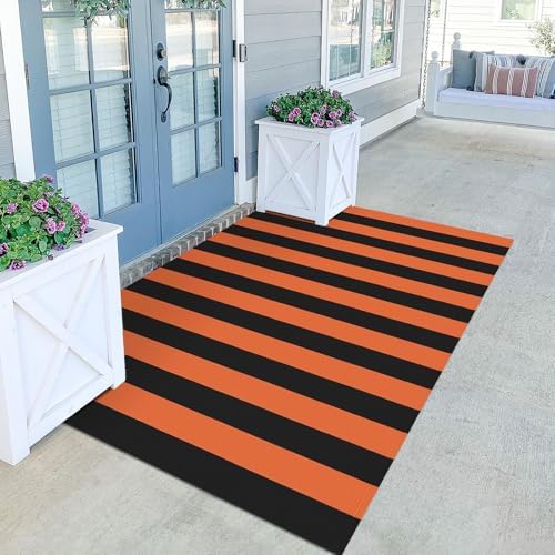 KILOCOCO 4x6 ft Halloween Striped Woven Orange Rugs Fall Front Door Rug - Image 5