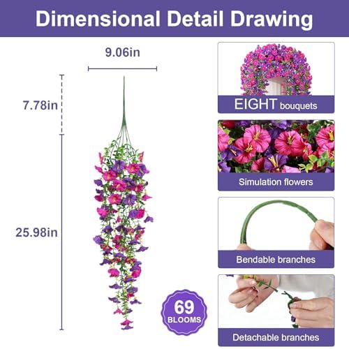 Artificial Hanging Flowers for Outdoors, 8 PCS 552 Blooms Ultra Full Morning Glory Vines, UV Resistant Faux Silk Hanging Plants for Porch Window Box Patio Garden Decor, Fuchsia & Light Purple - Image 3