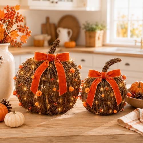 Lighted Fall Pumpkin Decor 2 Pack Rattan Pumpkins with Velvet Bow - Image 4