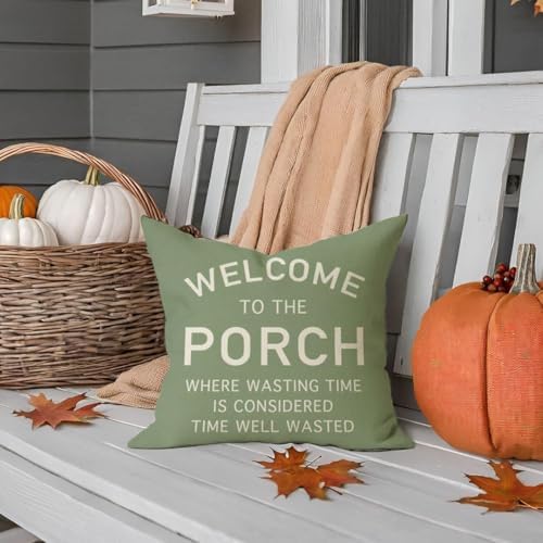 PANDICORN Throw Pillow Covers 18x18 Inch Welcome to the Porch, Sage Green - Image 6