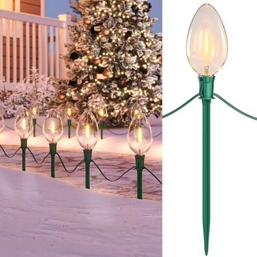 SURAIELEC Jumbo C9 Christmas Lights, 20FT Christmas Pathway Light Outdoor, 10 Warm White Giant LED Bulbs, 10 Ground Stakes for Holiday Yard Lawn Garden Walkway Decorations, UL Listed by SURAIELEC
