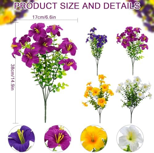 2 Set Artificial Outdoor Flowers with Hanging Baskets,24 Pcs UV Resistant Faux Petunias Flowers with Hanging Planter for Front Door Porch Spring Outside Decor (2, White,Yellow,Purple,RedViolet) - Image 3