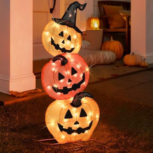 Halloween Lighted 3 Stacked Pumpkins, 39’’ H Pre-Lit Lighted Pumpkins with 50 Warm White Lights, Light Up Halloween Pumpkin Decoration for Indoor, Outdoor, Porch, Yard, Holiday Decor by SUNNYPARK