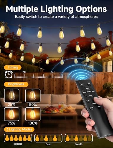 Likesky 50FT LED Outdoor String Lighats with Remote Waterproof Patio Lights with Shatterproof S11 Bulbs, Dimmable Outside Hanging Light Connectable for Porch Backyard Yard Garden Decor 2700K - Image 2