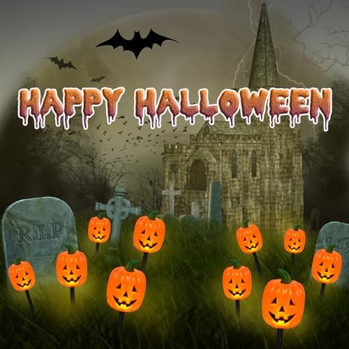 BRIGHTDECK Halloween Pumpkin Stake Lights, Set of 10 Decorative Solar Pumpkin Lights, Waterproof Halloween Decorations for Outdoor Garden and Yard - Image 7