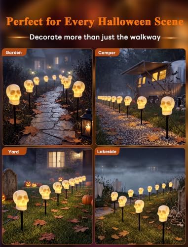 C7 Halloween Skull Pathway Stake Lights, 7 Ft Halloween Pathway String Lights with 4 C7 Bulbs, Stake, Halloweens Decorations Driveway Markers Lights for Outdoor Holiday Garden Walkway Party Lighting - Image 3