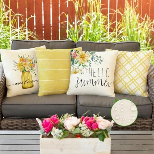 RABUSOFA Daisy Floral Vase Hello Summer Pillow Covers Set of 4,Seasonal Yellow Striped Outdoor Decorative Cushion Case Summer Decorations for Home Decor 20x20 Inch - Image 2